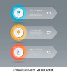 Infographic arrows with glass effect. Vector template with 3 options, steps, parts with place for text and icons.