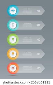 Infographic arrows with glass effect. Vector template with 5 options, steps, parts with place for text and icons.