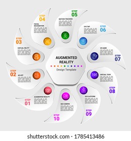 Infographic Augmented Reality template. Icons in different colors. Include Augmented Reality, Ar App, Virtual Reality, Facial Recognition and others.