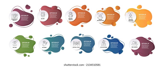 Infographic Augmented Reality template. Icons in different colors. Include Augmented Reality, Ar App, Virtual Reality, Facial Recognition and others.