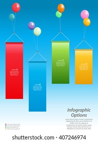 Infographic Background with Banners Floating attached to Balloons Over Blue Sky