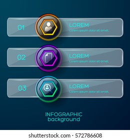 Infographic background concept with three numerical glossy frames with icons text description and solid horizontal shape vector illustration