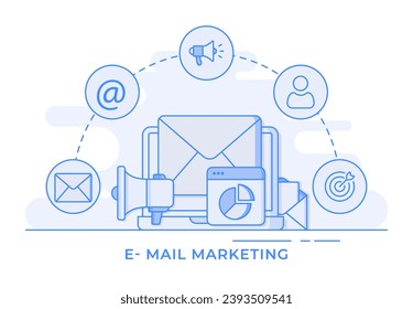 Antecedentes infográficos del email marketing, Ilustración de línea de la estrategia de marketing por correo electrónico digital para la página de inicio, banner web, aplicación móvil, diseño web