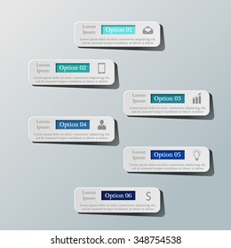 Infographic background. White rectangles on the grey background with icons and text. Can be used for workflow layout, diagram, number and step up options, web design. 