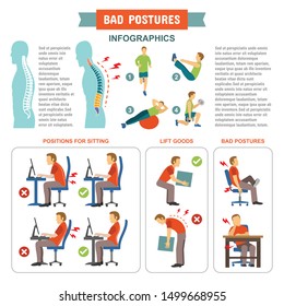 Infographic Bad postures office syndrome healthcare infographic Template Design. Concept of long and healthy life. Incorrect posture and office. vector flat icons cartoon design eps10 illustration.