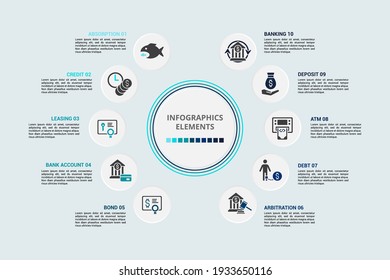 Plantilla de banca infográfica. Iconos de diferentes colores. Incluye Absorción, Crédito, Arrendamiento, Cuenta Bancaria y otros.