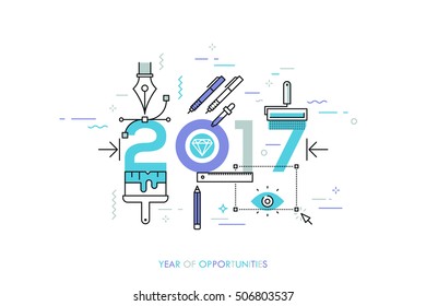 Infographic banner 2017 year of opportunities. New trends and prospects in graphic, web and digital design, concepts, techniques and tools for designers. Vector illustration in thin line style.