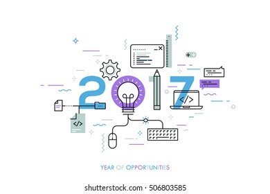 Infographic banner 2017 year of opportunities. New hot trends and prospects in software, front-end web development, program coding, programming languages. Vector illustration in thin line style.