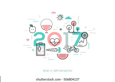 Cartel informativo 2017 año de oportunidades. Nuevas tendencias y perspectivas en salud, deportes, fitness, estilo de vida, nutrición deportiva. Planes y predicciones. Ilustración vectorial en estilo de línea delgada.