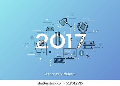 Infographic banner 2017 year of opportunities. New trends and prospects in internet blogging, communication, networking, online education and e-learning. Vector illustration in thin line style.