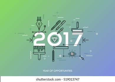 Infographic banner 2017 year of opportunities. New trends and prospects in graphic, web and digital design, concepts, techniques and tools for designers. Vector illustration in thin line style.