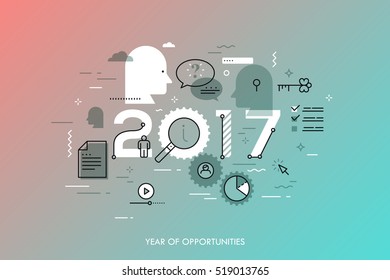Infographic banner 2017 year of opportunities. New trends and prospects in online information search technologies, data exchange, internet content sharing. Vector illustration in thin line style.