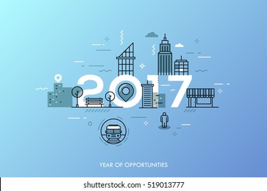 Infographic banner 2017 year of opportunities. New hot trends and prospects in urbanism, cities development, transportation, design of built environment. Vector illustration in thin line style.