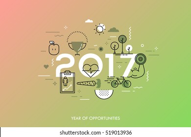 Infographic banner 2017 year of opportunities. New trends and prospects in healthcare, sports, fitness, lifestyle, sport nutrition. Plans and predictions. Vector illustration in thin line style.