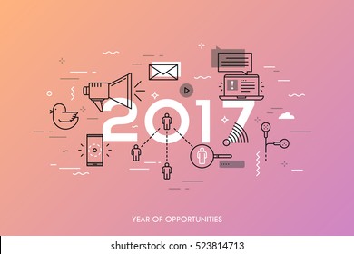 Infographic banner: 2017 - year of opportunities. Trends, predictions and expectations in social media technologies, networks, mobile apps, internet messengers. Vector illustration in thin line style.