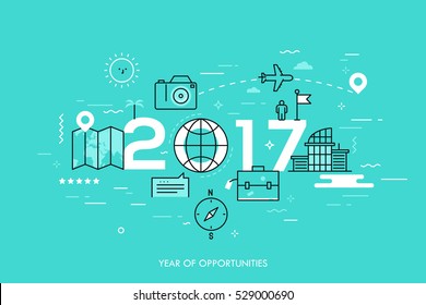 Infographic banner: 2017 - year of opportunities. New trends and prospects in tourism, trips, touristic services and travel applications. Plans and predictions. Vector illustration in thin line style.