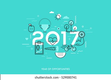 Infographic banner 2017 year of opportunities. New trends and prospects in healthcare, sports, fitness, lifestyle, sport nutrition. Plans and predictions. Vector illustration in thin line style.