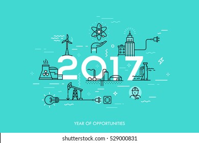 Infographic banner: 2017 - year of opportunities. Trends and predictions in water supply, electric power generation, nuclear plant construction, oil extraction. Vector illustration in thin line style.