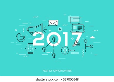 Infographic banner: 2017 - year of opportunities. Trends, predictions and expectations in social media technologies, networks, mobile apps, internet messengers. Vector illustration in thin line style.