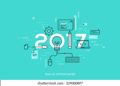 Cartel informativo 2017 año de oportunidades. Nuevas tendencias y perspectivas en software, desarrollo de web front-end, codificación de programas, lenguajes de programación. Ilustración vectorial en estilo de línea delgada.