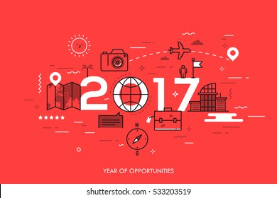 Infographic banner: 2017 - year of opportunities. New trends and prospects in tourism, trips, touristic services and travel applications. Plans and predictions. Vector illustration in thin line style.