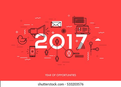 Infographic banner: 2017 - year of opportunities. Trends, predictions and expectations in social media technologies, networks, mobile apps, internet messengers. Vector illustration in thin line style.