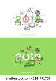 Infographic banner 2018 year of opportunities. New trends and prospects in internet blogging, communication, networking, online education and e-learning. Vector illustration in thin line style.