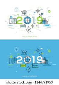 Infographic banner, 2018 - year of opportunities. New trends and prospects in tourism, trips, touristic services and travel applications. Plans and predictions. Vector illustration in thin line style.