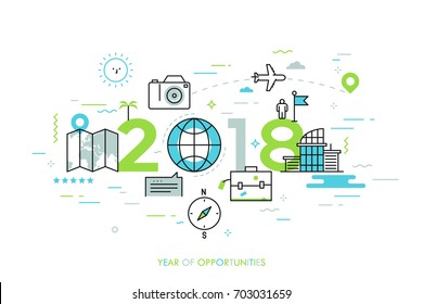 Infographic banner, 2018 - year of opportunities. New trends and prospects in tourism, trips, touristic services and travel applications. Plans and predictions. Vector illustration in thin line style.