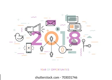 Banner gráfico, 2018 - año de oportunidades. Tendencias, predicciones y expectativas en tecnologías de medios sociales, redes, aplicaciones móviles, mensajeros de internet. Ilustración vectorial en estilo de línea delgada.