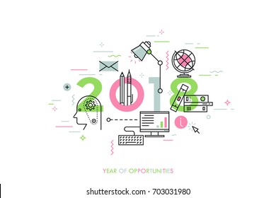 Infographic banner 2018 year of opportunities. New trends and prospects in internet blogging, communication, networking, online education and e-learning. Vector illustration in thin line style.