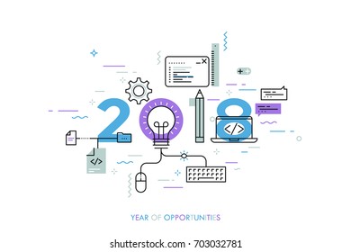 Infographic banner 2018 year of opportunities. New hot trends and prospects in software, front-end web development, program coding, programming languages. Vector illustration in thin line style.