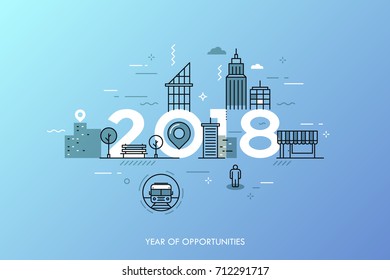Infographic banner 2018 year of opportunities. New hot trends and prospects in urbanism, cities development, transportation, design of built environment. Vector illustration in thin line style.