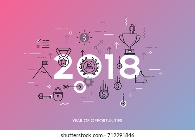 Infographic banner 2018 year of opportunities. New trends and prospects in leadership and successful business development strategies. Plans and expectations. Vector illustration in thin line style.