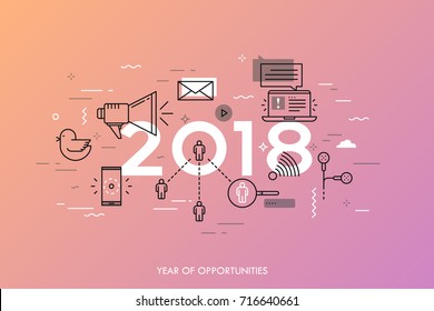 Infographic banner, 2018 - year of opportunities. Trends, predictions and expectations in social media technologies, networks, mobile apps, internet messengers. Vector illustration in thin line style.