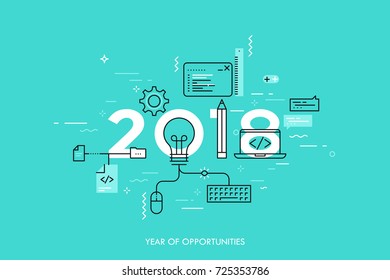 Infographic banner 2018 year of opportunities. New hot trends and prospects in software, front-end web development, program coding, programming languages. Vector illustration in thin line style.