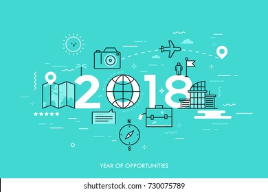 Infographic banner, 2018 - year of opportunities. New trends and prospects in tourism, trips, touristic services and travel applications. Plans and predictions. Vector illustration in thin line style.