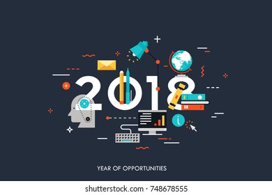Infographic banner 2018 year of opportunities. New trends and prospects in internet blogging, communication, networking, online education and e-learning. Vector illustration in flat style.