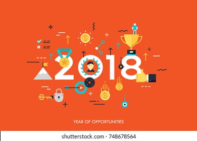Infographic banner 2018 year of opportunities. New trends and prospects in leadership and successful business development strategies. Plans and expectations. Vector illustration in flat style.