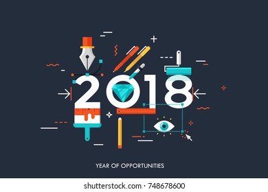 Infographic banner 2018 year of opportunities. New trends and prospects in graphic, web and digital design, concepts, techniques and tools for designers. Vector illustration in flat style.