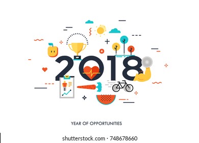 Infographic banner 2018 year of opportunities. New trends and prospects in healthcare, sports, fitness, lifestyle, sport nutrition. Plans and predictions. Vector illustration in flat style.