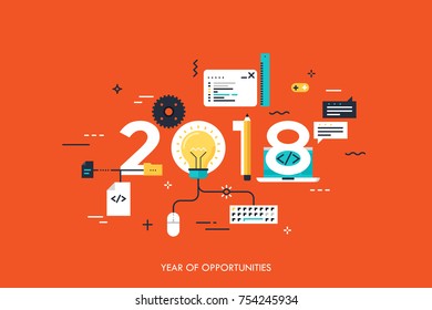 Infographic banner 2018 year of opportunities. New hot trends and prospects in software, front-end web development, program coding, programming languages. Vector illustration in flat style.