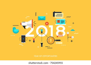 Banner gráfico, 2018 - año de oportunidades. Tendencias, predicciones y expectativas en tecnologías de medios sociales, redes, aplicaciones móviles, mensajeros de internet. Ilustración vectorial en estilo plano.