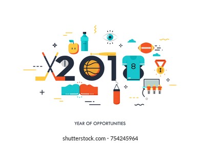 Infographic banner, 2018 - year of opportunities. New trends and prospects in sports championships, sporting events, teams, competitions. Plans and predictions. Vector illustration in flat style.