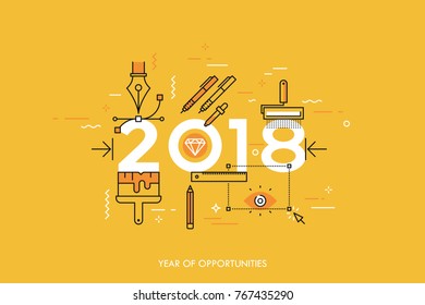 Infographic banner 2018 year of opportunities. New trends and prospects in graphic, web and digital design, concepts, techniques and tools for designers. Vector illustration in thin line style.