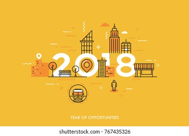 Infographic banner 2018 year of opportunities. New hot trends and prospects in urbanism, cities development, transportation, design of built environment. Vector illustration in thin line style.