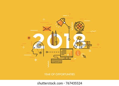 Infographic banner 2018 year of opportunities. New trends and prospects in internet blogging, communication, networking, online education and e-learning. Vector illustration in thin line style.