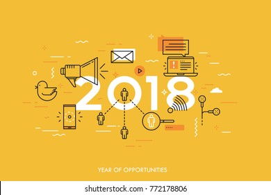 Banner gráfico, 2018 - año de oportunidades. Tendencias, predicciones y expectativas en tecnologías de medios sociales, redes, aplicaciones móviles, mensajeros de internet. Ilustración vectorial en estilo de línea delgada.