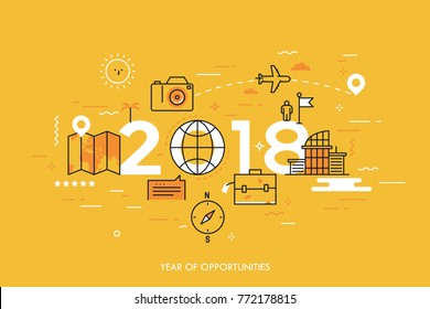 Infographic banner, 2018 - year of opportunities. New trends and prospects in tourism, trips, touristic services and travel applications. Plans and predictions. Vector illustration in thin line style.