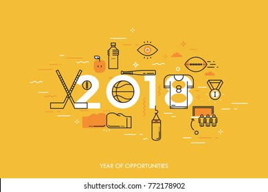 Infographic banner, 2018 - year of opportunities. New trends and prospects in sports championships, sporting events, teams, competitions. Plans and predictions. Vector illustration in thin line style.